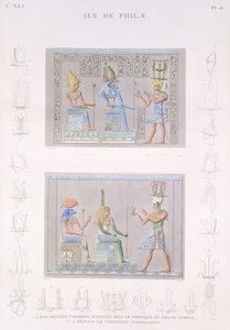 Fargede bunnrelieffer skulpturert på portikken til Det store tempelet med detaljer om symbolene, øya Philae, plate 16 fra bind I av 